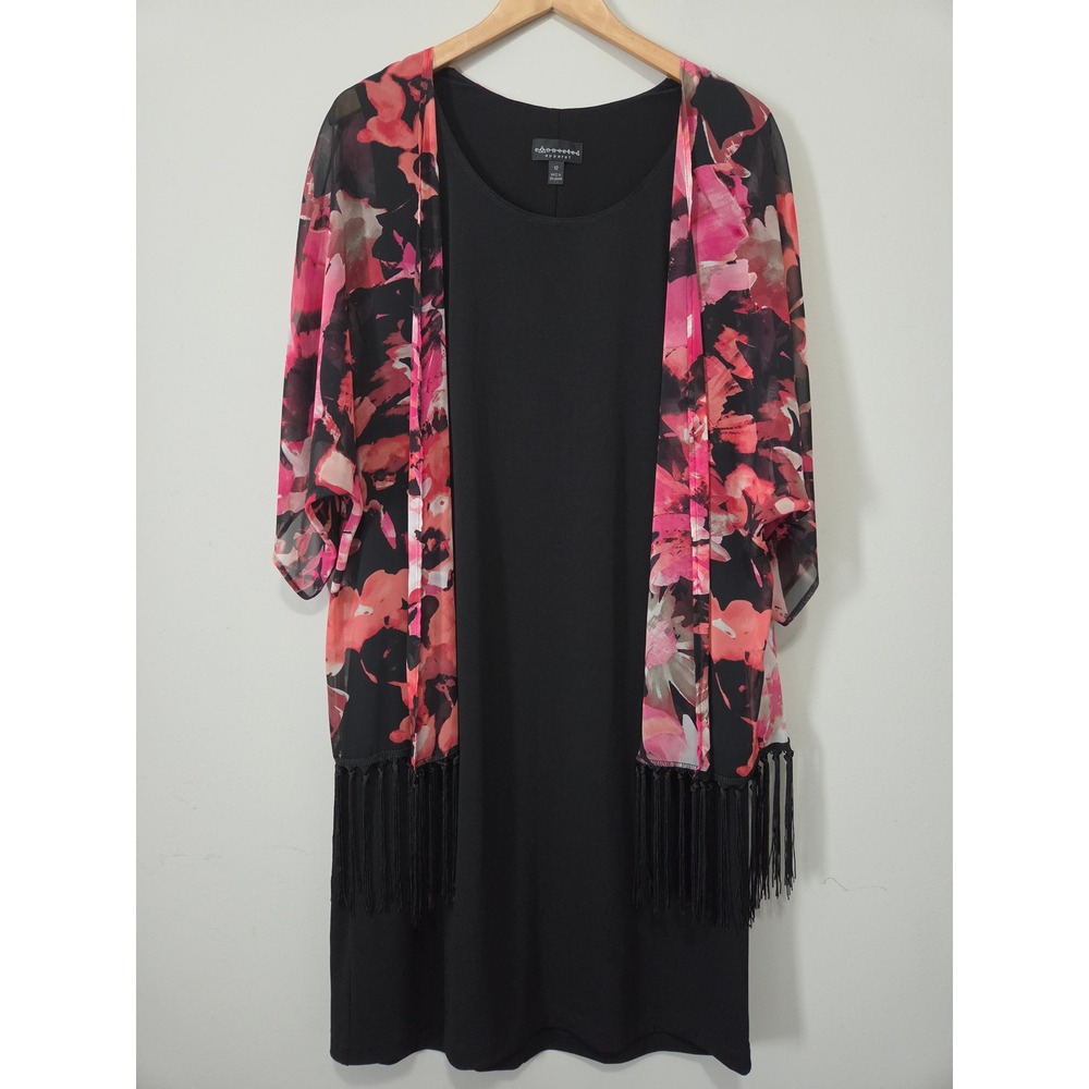 Connected Apparel Floral Chiffon Overlay Fringe Sheath Dress Pink Black Size 12
